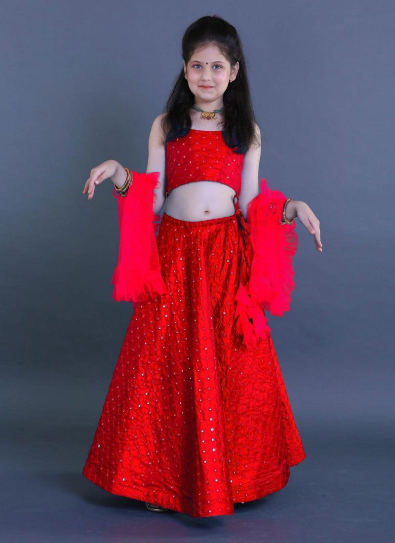 Launching New Designer Kids Lehnga Choli With embroidery Work and Soft Net Four Sided Ruffles Work Dupatta {SIZE: 
5-10 YEAR: 30/32 (INCHES LENGTH); 11-16 YEAR: 34/36 (INCHES LENGTH)}